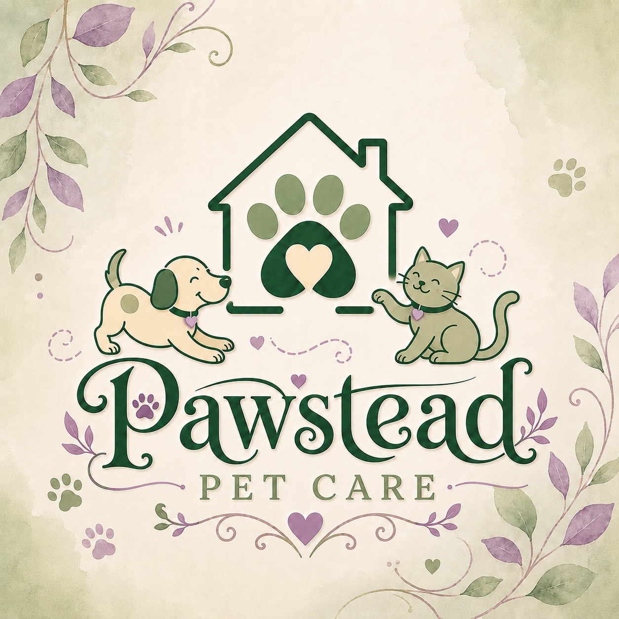 Pawstead Pet Care logo with a dog, cat, and heart inside a paw and house